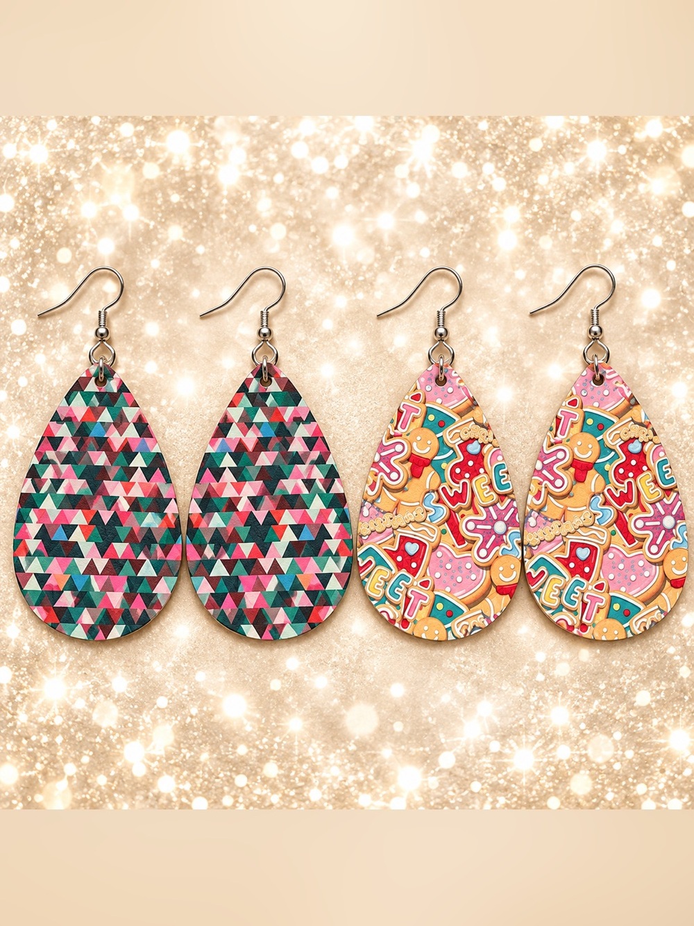 Teardrop Multicolor Patterned Christmas Earrings- Set of 2